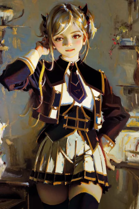 masterpiece, best quality, highres, 1girl hair ornament, necktie white skirt uniform white thighhighs <lora:classic_oil_painting:1.1> <lora:alexia_midgar:1>