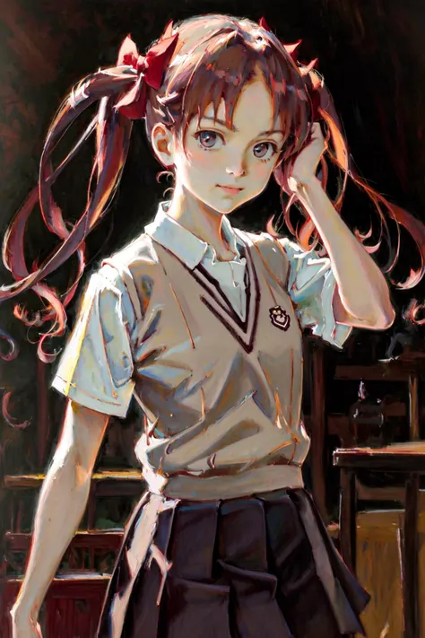 masterpiece, best quality, highres, 1girl hair bow, tokiwadai school uniform <lora:classic_oil_painting:1> <lora:shirai_kuroko:1>