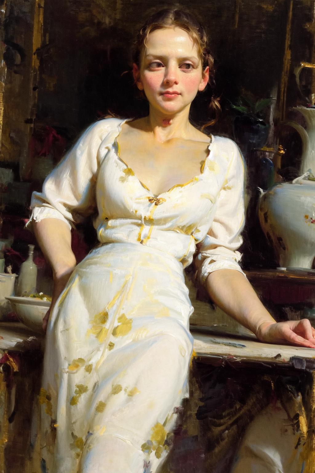 Painting of a woman in a white dress sitting on a ledge - SeaArt AI