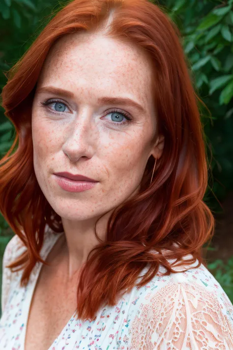 A stunning intricate full color portrait of woman, freckle, audreyfleurot, white dress, redhead, ginger hair, blue eyes, forest location, epic character composition, by ilya kuvshinov, alessio albi, nina masic, sharp focus, natural lighting, subsurface scattering, f2, 35mm, film grain,(photorealistic:1. 4),(8k, RAW photo:1. 2), (best quality:1. 4),(ultra highres:1. 2),<lora:LowRA:0.2>,<lora:detailed_eye:0.3> <lora:epiCRealismHelper:0.6> <lora:audrey_fleurot_v03-000029-coloraugnoiseadapdropout:1>
