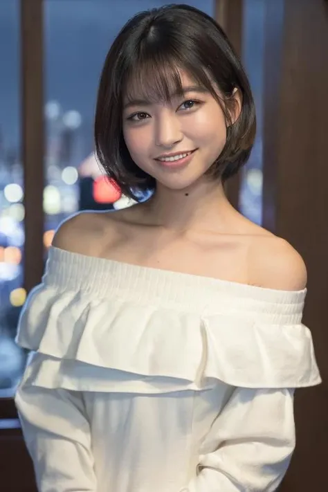 1girl, (wearing an off-the-shoulder dress:1.8),(RAW photo, best quality), (realistic, photo-realistic:1.4), masterpiece, an extremely delicate and beautiful, extremely detailed, 2k wallpaper, Amazing, finely detail, extremely detailed CG unity 8k wallpaper, ultra-detailed, highres, soft light, beautiful detailed girl, extremely detailed eyes and face, beautiful detailed nose, beautiful detailed eyes,cinematic lighting,(in the city at night:2.0),(night city view:2.0),perfect anatomy,(slender body:2.0),(laughing:1.4),(upper body:2.0),(open eyes:1.4),(look at viewer),(front view:1.0),(young japanese girl:1.8),cinematic angle,(wavy short hair), (brown eyes:1.8),(standing:2.0), (cleavage:1.4), <lora:matsuokamisato_lora-01:0.8>