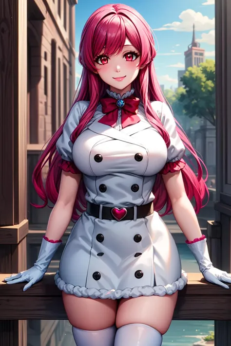 best quality, masterpiece, 1girl, (solo:1.1), raytracing, ultra detailed,detailed face, 8k wallpaper, (wide hips:0.8), <lora:more_details:0.5>, smile, outdoor, MeninasMcallon_NDV, 1girl, pink hair, large breasts, long hair, gloves, thighhighs, red eyes, white jacket, white skirt, <lora:MeninasMcallon_NDV:0.7>