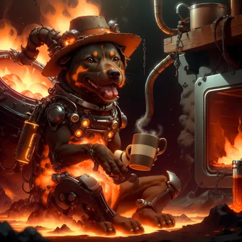 <lora:ExoMagmaTech-20:1>, exomagmatech , scifi, lava made , translucent ,
orange dog, sitting , kitchen , coffee mug in hand , small hat, tongue out, cute , wide eyes ,