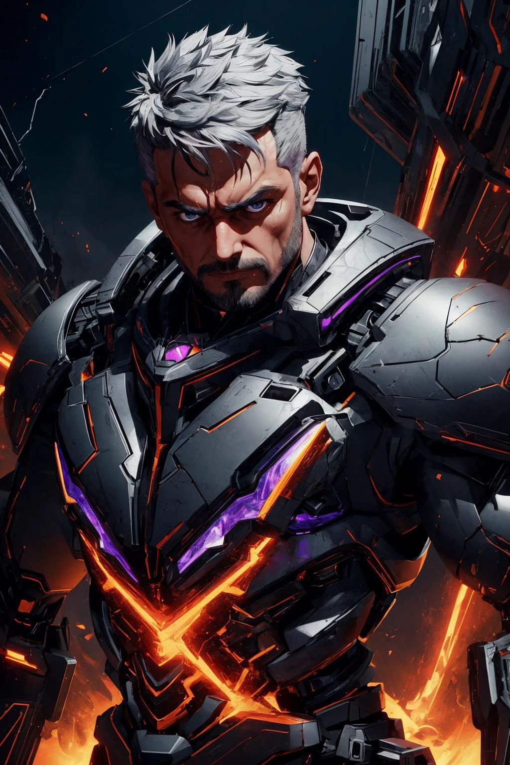 maximum details, cinematic, abstract art, deep shadow, <lora:add_detail:0.5>, <lora:epi_noiseoffset2:0.5>,
(1man, masculine adult italian male:1.2), purple eyes, silver hair, razor cut,
solo, upper body, looking down, detailed background, detailed face, (<lora:MagmaTech:0.5>, MagmaTech theme:1.1), intense expression, glass-cyborg, (made of glass:1.1), translucent, fighter, crystal armor, arcane, crackling electricity, reflections, intense heat, crater in background, epic atmosphere,
<lora:DreamArt:0.6>,