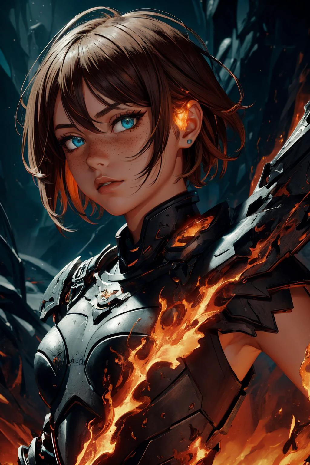maximum details, cinematic, (abstract art:1.1), dark theme, stylized, deep shadow, <lora:add_detail:0.5>, <lora:epi_noiseoffset2:0.5>,
1 girl, adult  woman, freckles, turquoise eyes, medium blonde short hair, 
  solo, upper body, detailed background, detailed face, (<lora:MagmaTech:0.5>, lava, MagmaTech theme:1.1)   (mouth open:0.65), elemental fiery armored fighter, [heavy armor:molten rock:2], covered in molten rock, ruby gemstone,  magma, cracks, heat,     obsidian in background,   cinematic fiery atmosphere,
<lora:grullborgCopycat_grullborgStyleR8V4:0.3>,