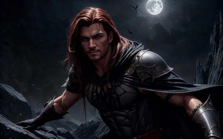 masterpiece, epic, majestic, best quality, very high resolution, 8k, hdr, digital photography, dynamic pose, handsome wrinkled face, 55 years old (male Pookha:1.2) fighter, jade eyes, (dark red hair, extremely long hair:1.1), looking at camera with a cool expression, solo, establishing shot, detailed background, detailed face, (<lora:MagmaTech:0.5>, MagmaTech theme:1.1), bloodshot eyes, evil fighter, villain, evil smile, obsidian clothes, heavy tattered armor, tattered cape, wielding dark sword, eerie shadows slithering, floating particles, rocks, bats in background, spiderwebs in background, dark atmosphere, dark night, ,, (iridescent:0.7), (transparent:0.8), (translucid:0.8), (reflection:0.6), (refraction:0.3), (diffraction:0.3), (caustics:0.3), volumetric lights, volumetric shadows, (subsurface scatering:0.4), physically based rendering, (intricate details:1.3), hyperdetailed, ultrarealistic, (sharp focus:1.2) <lora:hyperdenoiser_v090:1.8> <lora:add_detail:1.5>
