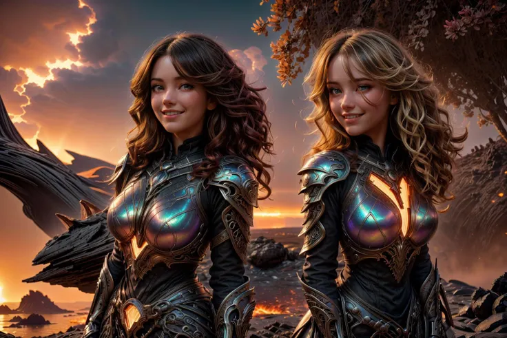 A photograph of 2 young women, 2 young women capturing the essence of friendship, laughter echoing, secrets shared, bonds unbreakable, eighteen years old, 2girls, beautifully embroidered long dress, messy hair, short hair, long hair, black hair, blonde hair, red hair, looking at viewer, bokeh, by edward hopper, 4k, trending on artstation, iridescent accents, dreamy lens flare, cinematic lightning, warm light, sunset, ultra realistic, highly detailed, <lora:ExoMagmaTech-20:0.5> exomagmatech, lava made, translucent, <lora:HaDeS_Armor_v7:0.5> hdsrmr, fluorescent black armor, intricate metalwork details, <lora:more_details:0.5>