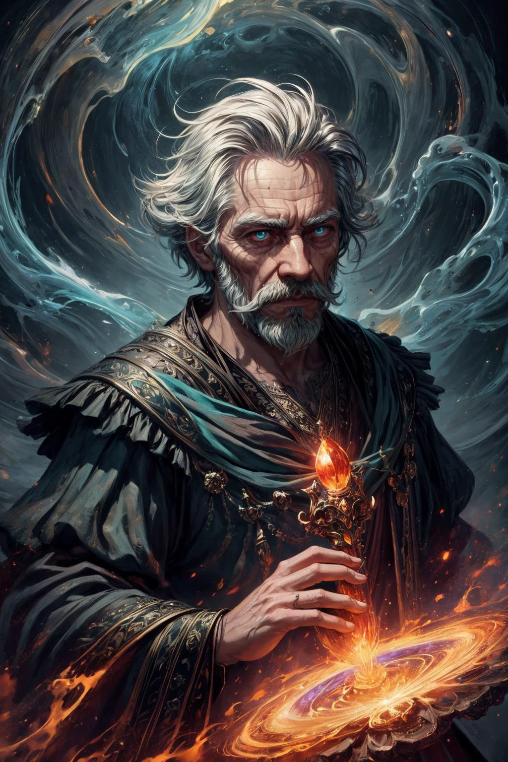 (masterpiece, best quality), aesthetic illustration, abstract and colorful paint style, <lora:add_detail:1>
(1man, old male:1.2), aquamarine eyes, white hair, fade with mustache,
(style-swirlmagic:1.0), portrait, looking up, solo, (full body:0.6), detailed background, (<lora:MagmaTech:0.5>, lava, MagmaTech theme:1.1), glowing eyes, mysterious wizard, intricate dark red robe, crystal artifact, focusing, dynamic pose, hovering in air, (green smoke), arcane orb, arcane spell, floating particles, particle effects, dark stormclouds, burst of magical energy in background,