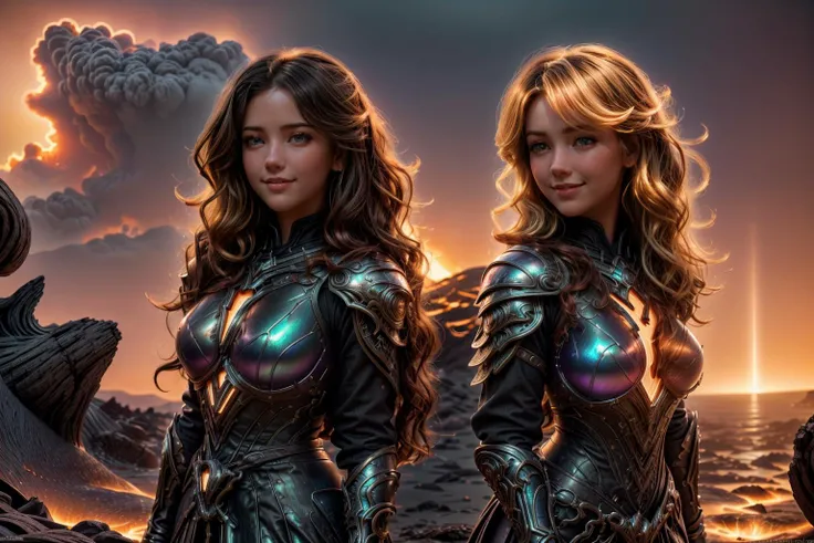 A photograph of 2 young women, 2 young women capturing the essence of friendship, laughter echoing, secrets shared, bonds unbreakable, eighteen years old, 2girls, beautifully embroidered long dress, messy hair, short hair, long hair, black hair, blonde hair, red hair, looking at viewer, bokeh, by edward hopper, 4k, trending on artstation, iridescent accents, dreamy lens flare, cinematic lightning, warm light, sunset, ultra realistic, highly detailed, <lora:ExoMagmaTech-20:0.5> exomagmatech, lava made, translucent, <lora:HaDeS_Armor_v7:0.5> hdsrmr, fluorescent black armor, intricate metalwork details, <lora:more_details:0.5>