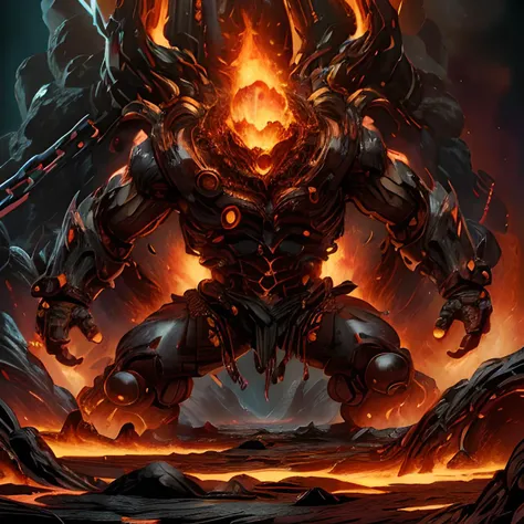 (fantasy art, masterpiece, 8k render, hdr, gritty, photo-realistic, ultra high detail:1.5), (rock golem, giant, huge arms, lava dripping from mouth, rock teeth, red glowing eyes, muscular, strong legs, torso, chest, waist, head:1.5), muscular, mutant, rock fists, angry, standing on a volcano, thick black smoke, cracked floor, obsidian, fire, flames, magma, <lora:ExoMagmaTech-20:1.0> exomagmatech, lava made, translucent, volcanic vents spewing black smoke, jagged rocks, spikes, chains