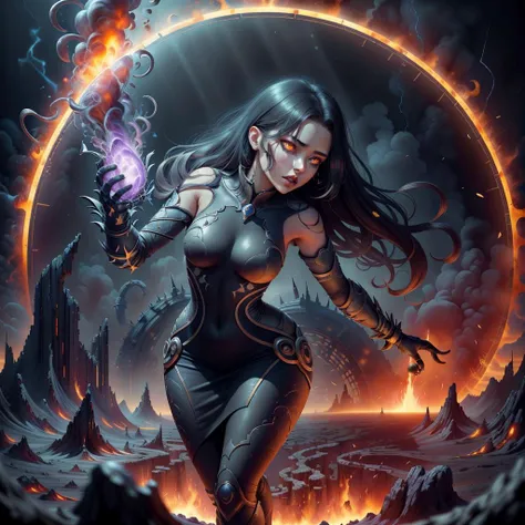 masterpiece, best quality, detailed, 1girl, tight dress, (magic circle:1.3), casting spells, fantasy, purple power, power, fire, meteor, mage, high-resolution, medieval village, storm, burning, village street, rock, dirt <lora:MagmaTech-20:0.8>,MagmaTech, lava,dark steel , (symbols:1.1), orange eyes, glowing eyes, black sclera, flowing face marks ,
