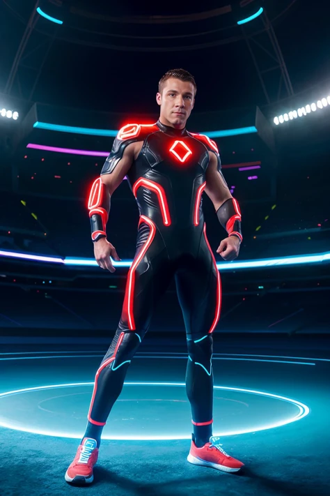 futuristic, neon lighting, (arena stadium in the Tron video game), TrevorKnight, wearing a Tron bodysuit, (dynamic pose), masterpiece, ((full body portrait)), photorealistic, wide angle <lora:TrevorKnight:0.8>