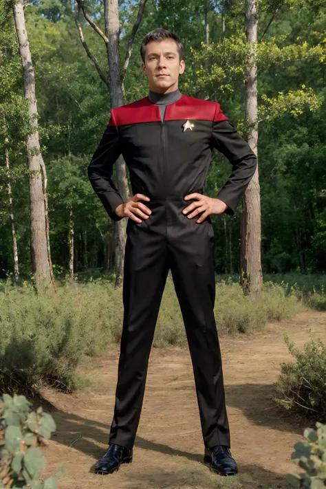 Star Trek Voyager, standing on the surface of an alien planet, temperate landscape with strange trees and unusual plants, TrevorKnight, (voyunf red and black uniform), black pants, black sleeves, (((full body portrait))), wide angle <lora:TrevorKnight:0.8>   <lora:Voy6batchDebiasGold:0.6>   <lora:exposure_control_v10:0.3>