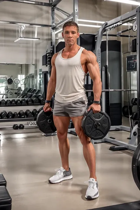 modern gym weight room, high ceiling, TrevorKnight, sexytrainer, beige tank top, gray shorts, sneakers, exercise, (((full body portrait))), wide angle <lora:TrevorKnight:0.8> <lora:Clothing - Sexy Personal Trainer:0.6>