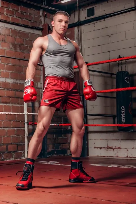 warehouse boxing gym, high ceiling, brown brick walls, a boxing ring, TrevorKnight wearing gray tank top, red boxing shorts, black boxing boots, (red boxing gloves), boxing pose, dynamic pose, (((full body portrait))), wide angle <lora:TrevorKnight:0.8>