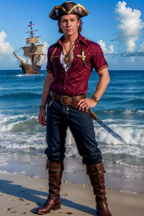 Caribbean beach, ship on the ocean in the background, TrevorKnight is a sexypirate, (shirt:1.5), vest, pirate hat, pants, boots, belt, earrings, necklace, holding a sword, (((full body portrait))), wide angle <lora:TrevorKnight:0.8> <lora:Clothing - Sexy Pirate:0.55>