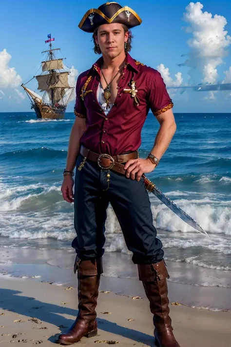 Caribbean beach, ship on the ocean in the background, TrevorKnight is a sexypirate, (shirt:1.5), vest, pirate hat, pants, boots, belt, earrings, necklace, holding a sword,  (((full body portrait))), wide angle  <lora:TrevorKnight:0.8>    <lora:Clothing - Sexy Pirate:0.55>