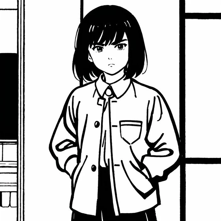 boy (teenager), short hair, tousled hair, closed mouth, downcast look , perfect, clean, (black and white manga style), background: school, wearing a Japanese Gakuran school uniform black color. (Japanese classroom where lessons take place)