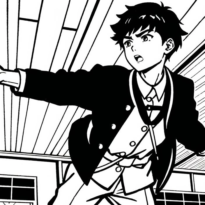 boy (), short hair, tousled hair, open mouth, perfect, clean, (black and white manga style), background: school, wearing a Japanese Gakuran school uniform black color. (Japanese classroom where lessons take place)