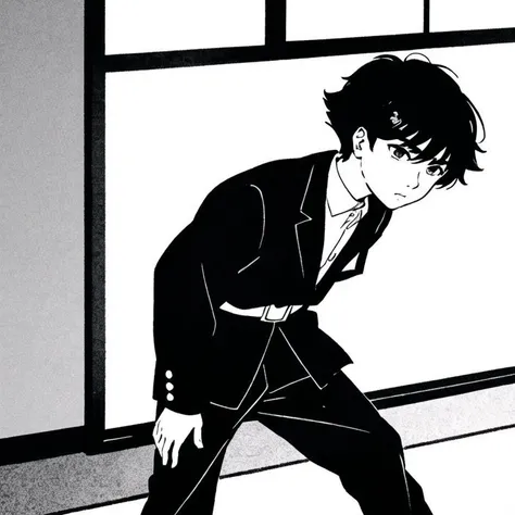 boy (teenager), short hair, tousled hair, closed mouth, downcast look , perfect, clean, (black and white manga style), background: school, wearing a Japanese Gakuran school uniform black color. (Japanese classroom where lessons take place)