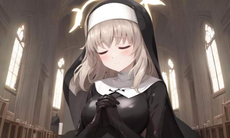 <lora:Sakurako-BlueArchive-v1.0:0.75>sakurako,  nun dress, halo, upper body, closed_eyes, interlocked_fingers, praying, church,