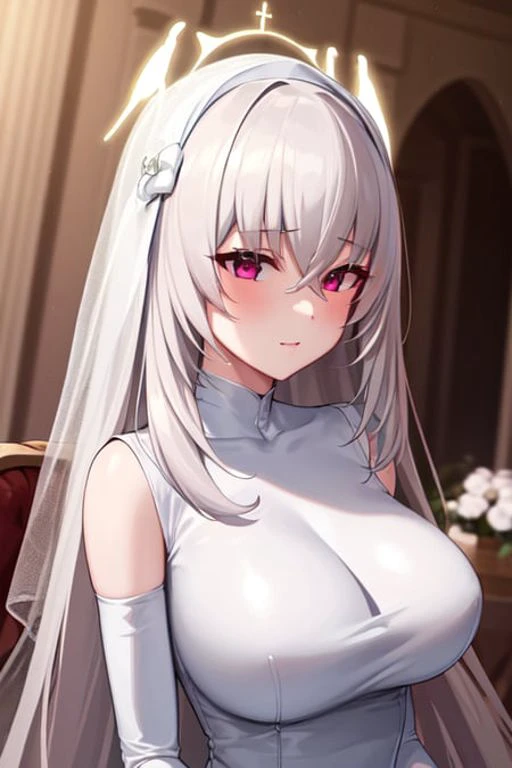 ((extreme detail)),(ultra-detailed),(painting), chiaroscuro, extremely detailed CG unity 8k wallpaper, best quality, <lora:Sakurako-BlueArchive-v2R:0.7>sakurako, (white latex wedding dress), halo, angel, white pillars, chapel, upper body,