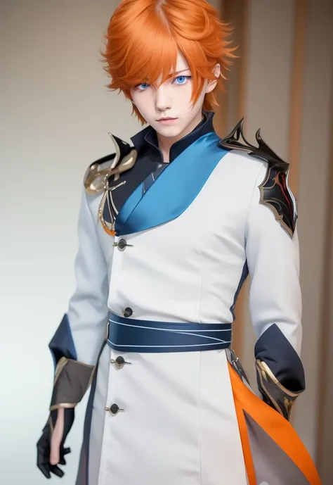 (a young men), male_focus, tartaglia_\(genshin_impact\), solo, simple_background, white_background, blue eyes, orange_hair <lora:tartaglia-000018:0.5>, detailed eyes, looking at viewer