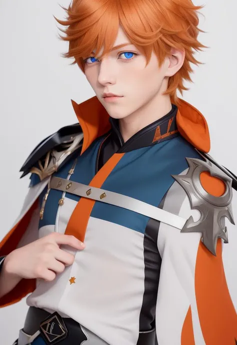 (a young men), male_focus, tartaglia_\(genshin_impact\), solo, simple_background, white_background, blue eyes, orange_hair <lora:tartaglia-000018:0.5>, detailed eyes, looking at viewer
