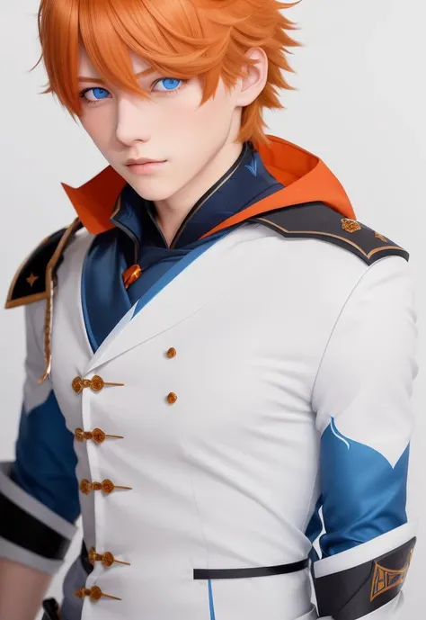 (a young men), male_focus, tartaglia_\(genshin_impact\), solo, simple_background, white_background, blue eyes, orange_hair <lora:tartaglia-000018:0.5>, detailed eyes, looking at viewer