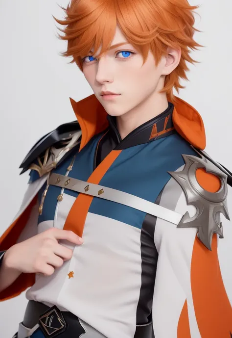 (a young men), male_focus, tartaglia_\(genshin_impact\), solo, simple_background, white_background, blue eyes, orange_hair <lora:tartaglia-000018:0.5>, detailed eyes, looking at viewer