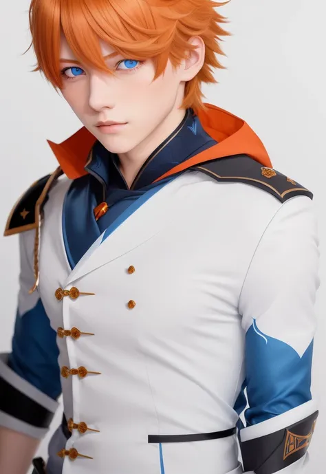 (a young men), male_focus, tartaglia_\(genshin_impact\), solo, simple_background, white_background, blue eyes, orange_hair <lora:tartaglia-000018:0.5>, detailed eyes, looking at viewer