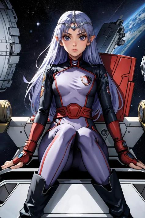 masterpiece, best quality, lafiel, circlet, purple bodysuit, fingerless gloves, boots, sitting, confused, looking at viewer, spaceship, chrome <lora:lafiel-nvwls-v2-000012:0.9>