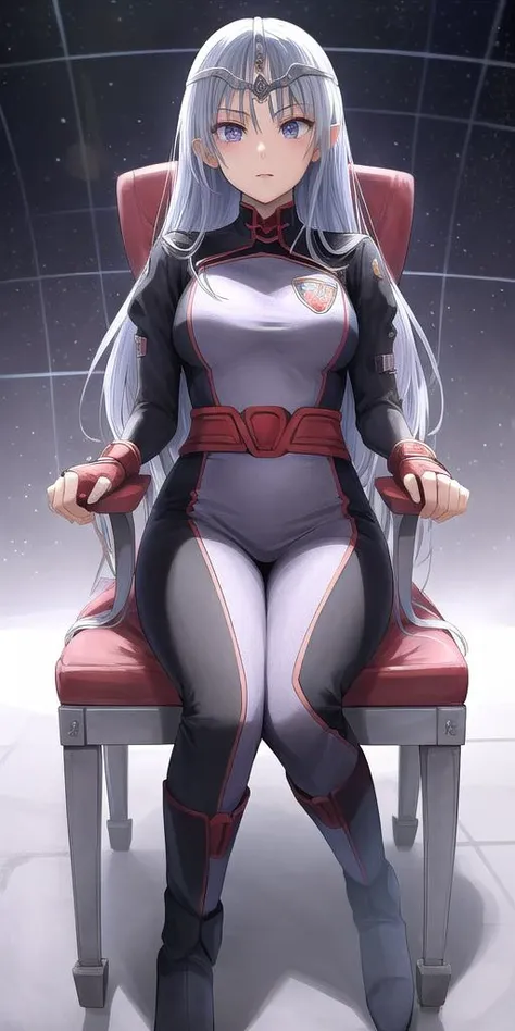 <lora:lafiel-nvwls-v2:0.8>, lafiel, circlet, purple bodysuit, fingerless gloves, boots, large_breasts, sitting, solo, chair, spacecraft,, masterpiece, best quality, detailed face, detailed eyes, highres,