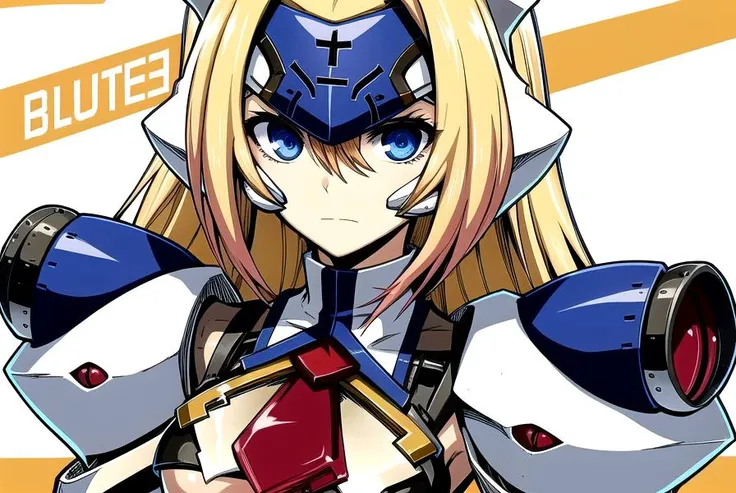 (((extremely detailed, promotional art, official art, abstract background))), blazblue, solo, mu-12, blue eyes, blonde hair, long hair, medium breasts, forehead protector, elbow gloves, blue gloves, robot ears, shoulder pads, (mechanical legs:0.9) <lora:mu-12 (blazblue):1.0>