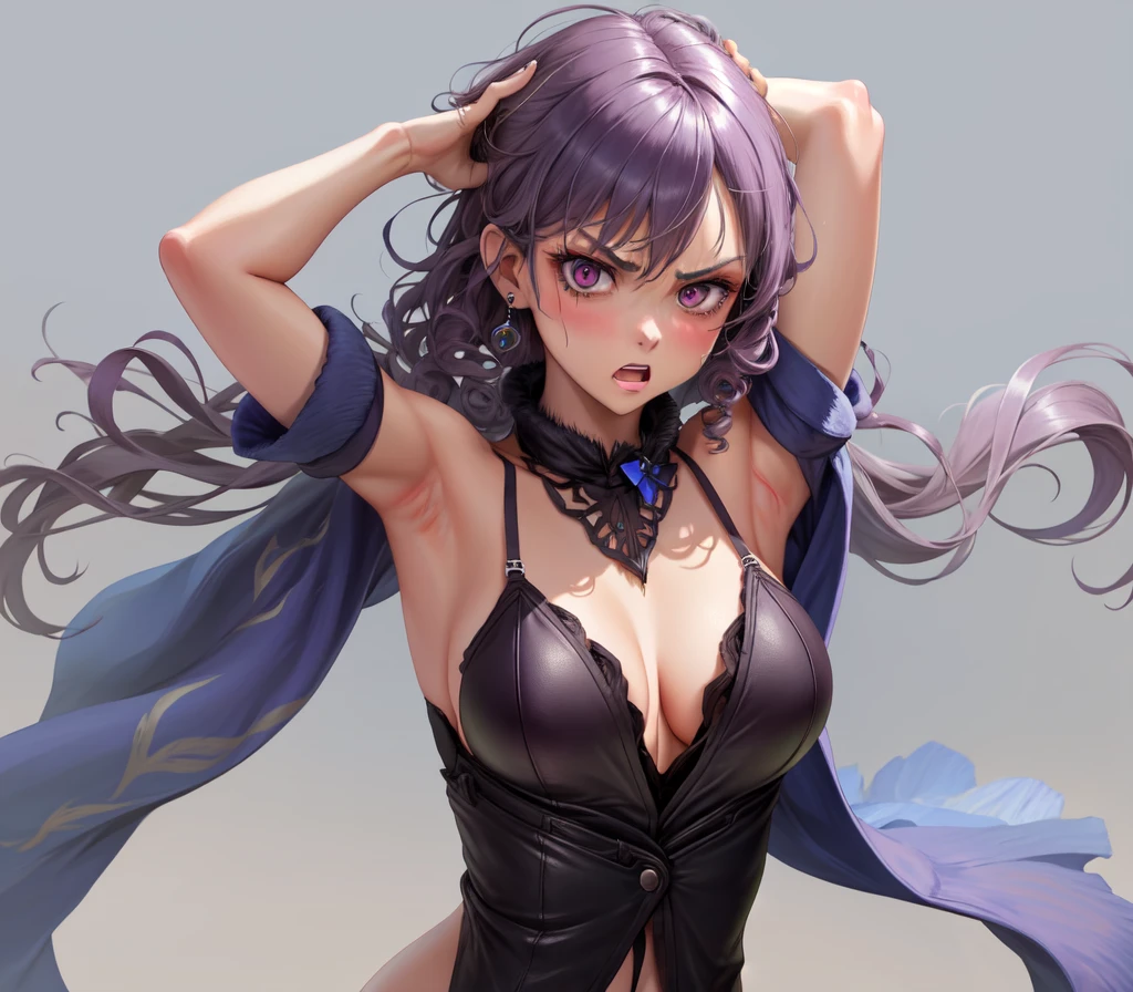 1 girl, solo, Sexy lingerie, angry , best quality, looking at viewer, nsfw, armpits, standing, intricate background, leather and fur coat, mature famele, purple curly hair,
<lora:keqingGenshinImpact_v10:0.7>