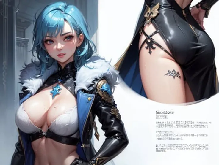 <lora:eula_v10:0.6>(masterpiece:1.3),(best quality:1.2), (absurdres), skin pores, (skindentation:1.2), (mature female),eula \(genshin impact\), (Eula Lawrence:1.3), (detailed illustration), intricate detail, (naughty face), nsfw, (wet),Blue hair,detailed eyes, ornate,
Confident Woman, Standing Tall, blue Leather Jacket with fur, skirt, Fitted, Magic medival Street, intricate, Tattoos, Earrings. cleavage,
trending on cg society, trending on artstation. happines, undressing,