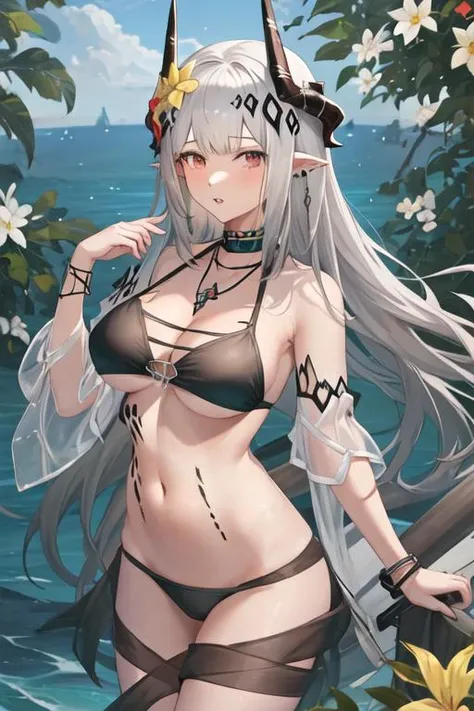 best qulity、ultra-details、Textured skin、(Shiny skin,Wet hair、Get wet:1)、sunbeams、woods、elven、Station、Top-down view、(((Extreme upper breasts:1.8)))、close up shot、1girls、erogenous、Perfect body、Perfect curves、swim suit、black bathing suit、white hair、(White long hair:1.3)、Red eyes、(Beautiful breasts)、(Shying)、(Thick thighs:0.5)、(Hand off the frame)、Color Aberration、Background bokeh