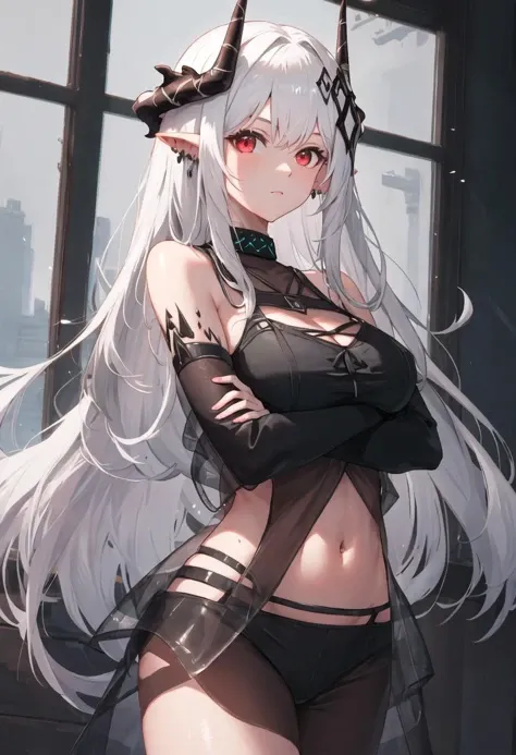 High resolution、Girl、Silver Hair、Long Hair,(),Lion ears、Grey Eyes、Slender、Toned body、hunter,fur,forest,Tattoo,