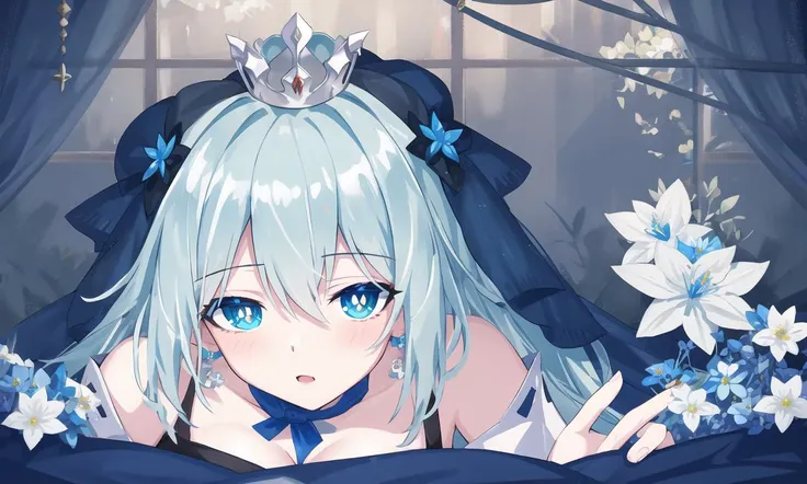 ((master piece)),(best quality),amazing,beautiful,(extremely detailed CG unity 8K wallpaper),depth of field,bedroom,forest out of window,cleavage,on bed,1girl, solo, thighhighs, bare_shoulders, jewelry, white_legwear, crown,flower,blue_flower,symbol-shaped_pupils,hair_ornament