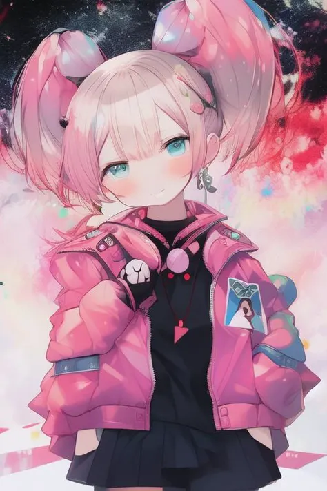 vivid colors, high contrast, authentic pop art, kawaii, jirai kei, harajuku fashion, chibi, best quality, ultra-detailed, highres, pixiv 10000 users, girl with short streaked hair and short straight twintail and round face and open jacket and cityscape::0.8 creatures::-0.2, 1girl, black hair, solo, thighhighs, jacket, twintails, multicolored hair, looking at viewer, smile, hair ornament, outdoors, long sleeves, bangs, skirt, heart, city, asymmetrical legwear, car, flower