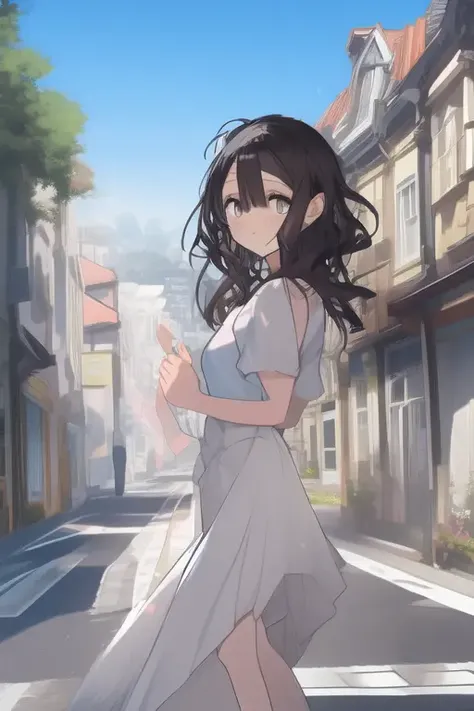 masterpiece,best quality,asterpiece,beautiful,extremely detailed CG unity 8k wallpaper,fantasy girl with red hair, fantasy medieval city, vibrant colors, Makoto Shinkai, long hair, outdoors, looking at viewer, 1girl, red hair, breasts, skirt, people, standing, day, crowd, bangs, hair between eyes, smile, thighhighs, very long hair, belt, building, two-tone hair