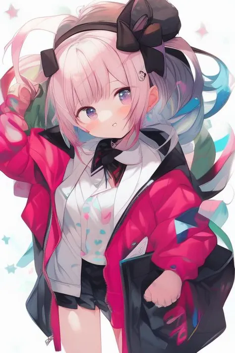 vivid colors, high contrast, authentic pop art, kawaii, jirai kei, harajuku fashion, chibi, best quality, ultra-detailed, highres, pixiv 10000 users, girl with short streaked hair and short straight twintail and round face and open jacket and cityscape::0.8 creatures::-0.2, 1girl, black hair, solo, thighhighs, jacket, twintails, multicolored hair, looking at viewer, smile, hair ornament, outdoors, long sleeves, bangs, skirt, heart, city, asymmetrical legwear, car, flower