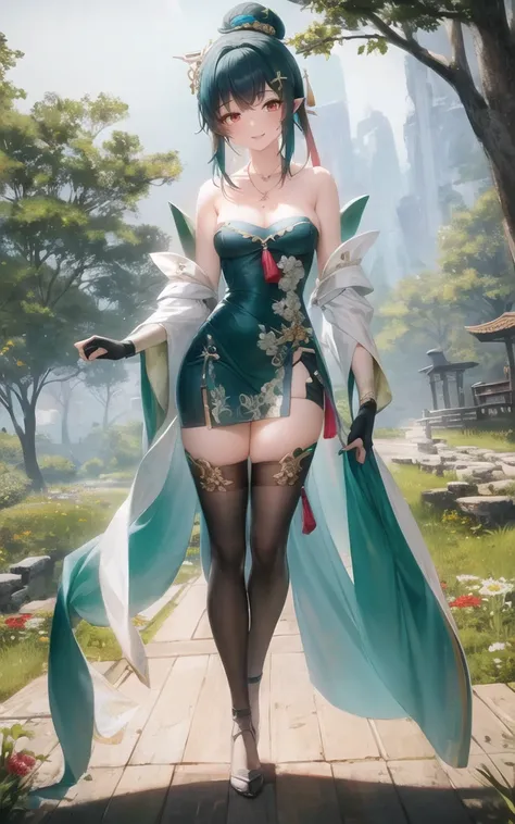 masterpiece, best quality, 1girl, bangs, bare_shoulders, black_hair, blue_background, cape, cleavage, collarbone,green dress,red eyes, gloves, gradient, gradient_background, hair_bun, hair_ornament, hair_stick, jewelry, mole, necklace, smile, solo, thighhighs,upper body, arms behind back, <lora:Hanying:0.5>,(small breasts:1.2) ,nature, flowers,side light,(shuimobysim:1.5),wuchangshuo,badashanren,outdoors,