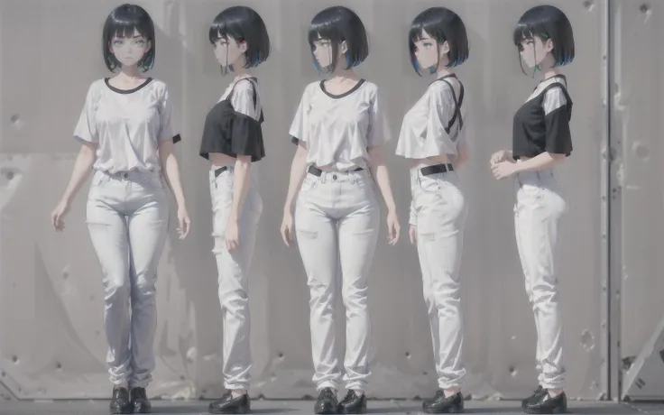multiple views, 1girl, short black hair, blue eyes, wearing plain white shirt, denim shorts, high res, ultrasharp, 8K, (((full body))), gray background, vivid color, rim light, colorful, high contrast, sharp image, <lora:multiple views:1> <lora:Ultra details - add more details - marlok 4k:0.65>