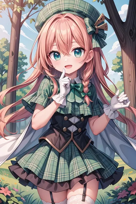 insanely detailed, absurdres, ultra-highres, ultra-detailed, best quality,
1girl, solo, nice hands, perfect hands
BREAK
((gothic dress, Idol costume):1.3), (green and white theme:1.2), (white blouse:1.4), ((white collar, tie):1.3), (open short-cape:1.3), (short sleeve:1.2), (green tartan-check pattern (ruffle-skirt, multilayer-skirt):1.4), (white basque-beret with ribbon:1.3), (Fishnet stockings:1.3), (glove:1.2), (cleavage:-1.5)
BREAK
happy smile, laugh, open mouth
BREAK
standing, cowboy shot, looking at viewer
BREAK
slender, kawaii, perfect symmetrical face, ultra cute girl, ultra cute face, ultra detailed eyes, ultra detailed hair, ultra cute, ultra beautiful
BREAK
in forest, depth of field, ultra detailed background
BREAK
medium large breasts
BREAK
orange hair, green eyes, braid, hair between eyes