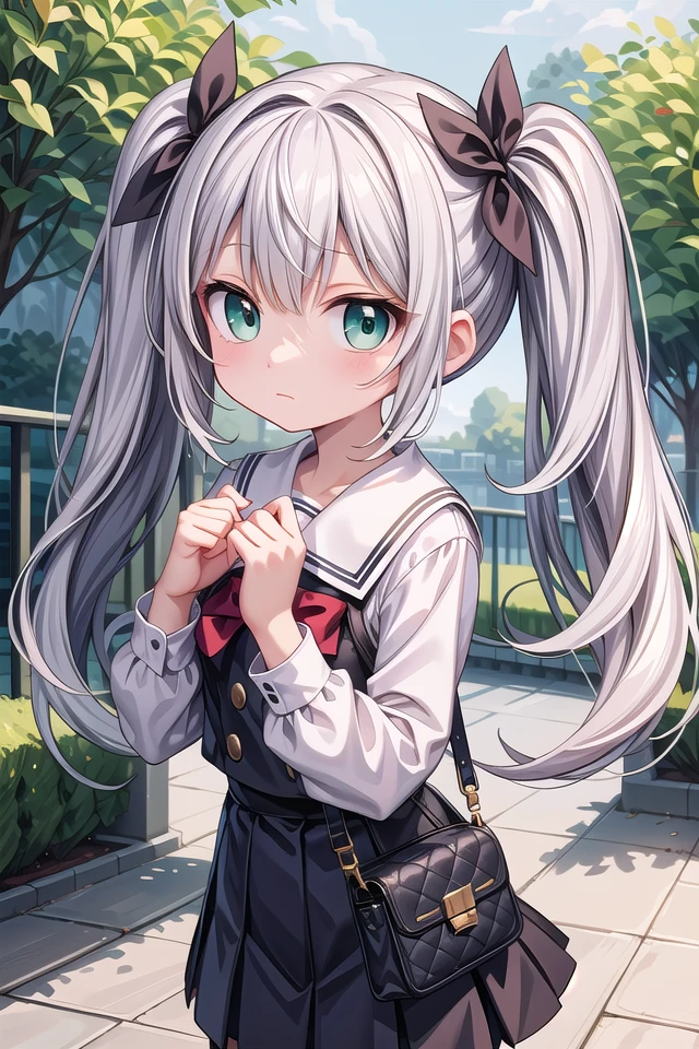 insanely detailed, absurdres, ultra-highres, ultra-detailed, best quality,
1girl, solo, nice hands, perfect hands,
BREAK,
wearing summer school uniform,
expressionless, closed mouth,
standing,
45 angle, cowboy shot, looking at viewer,
BREAK,
(tsurime:1.4),slender, kawaii, perfect symmetrical face, ultra cute girl, ultra cute face, ultra detailed eyes, ultra detailed hair, ultra cute, ultra beautiful,
by Canon EOS, SIGMA Art Lens 35mm F1.4, ISO 200 Shutter Speed 2000,
BREAK,
in a park,
silver hair, twintails, green eyes,