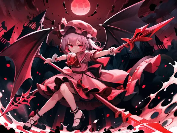 <lora:çç±³èäº:1>,masterpiece, best quality,1girl,pink dress,mob cap,ribbon, bluish pink hair, red eyes,bow, ascot, wings, white anklet, night, red moon, (holding polearm:1.3), big polearm, (red theme:1.8), light particles, (lens flare:1.2), red fire, <lora:hotarueye_hosome1_v100 诱人çç¼ç¥:0.4>