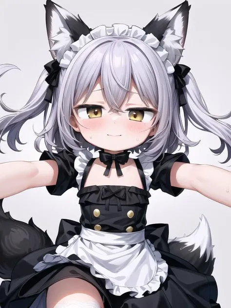 insanely detailed, absurdres, ultra-highres, ultra-detailed, best quality, 1girl, long hair, white hair, bangs between eyes, yellow eyes, (Intricate beautiful dress:1.5), white stockings, black bow , white shoes, maid dress, maid headdress, (black fox tail:1.4), (black fox ear:1.4), White gloves with ribbon, cat choker, small breasts, (blush:1.4), sweat,simple background, gasping ecstasy seductive smile, kawaii, perfect symmetrical face, ultra cute girl, ultra cute face, ultra detailed eyes, ultra detailed hair, ultra cute, ultra beautiful, pov, from below, <lora:sensualface_type1 诱人ç表æ
:1> <lora:age_slider_v2 年龿¹å¨:-3> <lora:PovFromBelowV1 ååçè§è§:1>