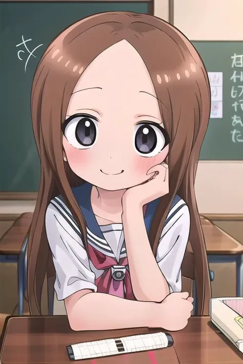 masterpiece,ultra detail,best quality,1girl, POVadoring <lora:POVadoring:0.7> <lora:Takagi_San:0.7>takagi_san,bare forehead,shiny eyes,evil smile,classroom,desk