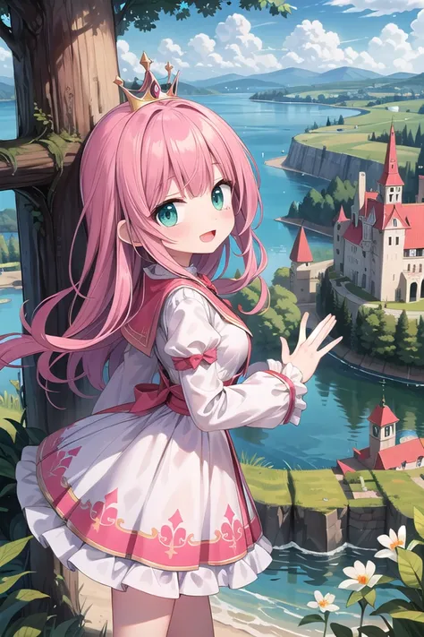 insanely detailed, absurdres, ultra-highres, ultra-detailed, best quality,
1 girl, solo, nice hands, perfect hands,
BREAK,
(wearing princess dress), teara,
happy smile, laugh, open mouth,
standing,
from side, cowboy shot, looking at viewer,
BREAK,
slender, kawaii, perfect symmetrical face, ultra cute girl, ultra cute face, ultra detailed eyes, ultra detailed hair, ultra cute, ultra beautiful,
BREAK,
fantasy world, (castle in background, lake:1.3), (very wide, panorama view, sense of depth, magnificent view:1.3)
BREAK,
princess girl, pink hair, green eyes, medium breasts
